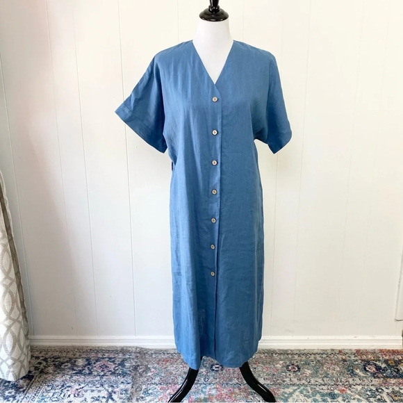 Linen Handmade Studio Blue Dress Button Front V Neck Dolman Sleeves 19” PTP M/L? - Picture 1 of 15